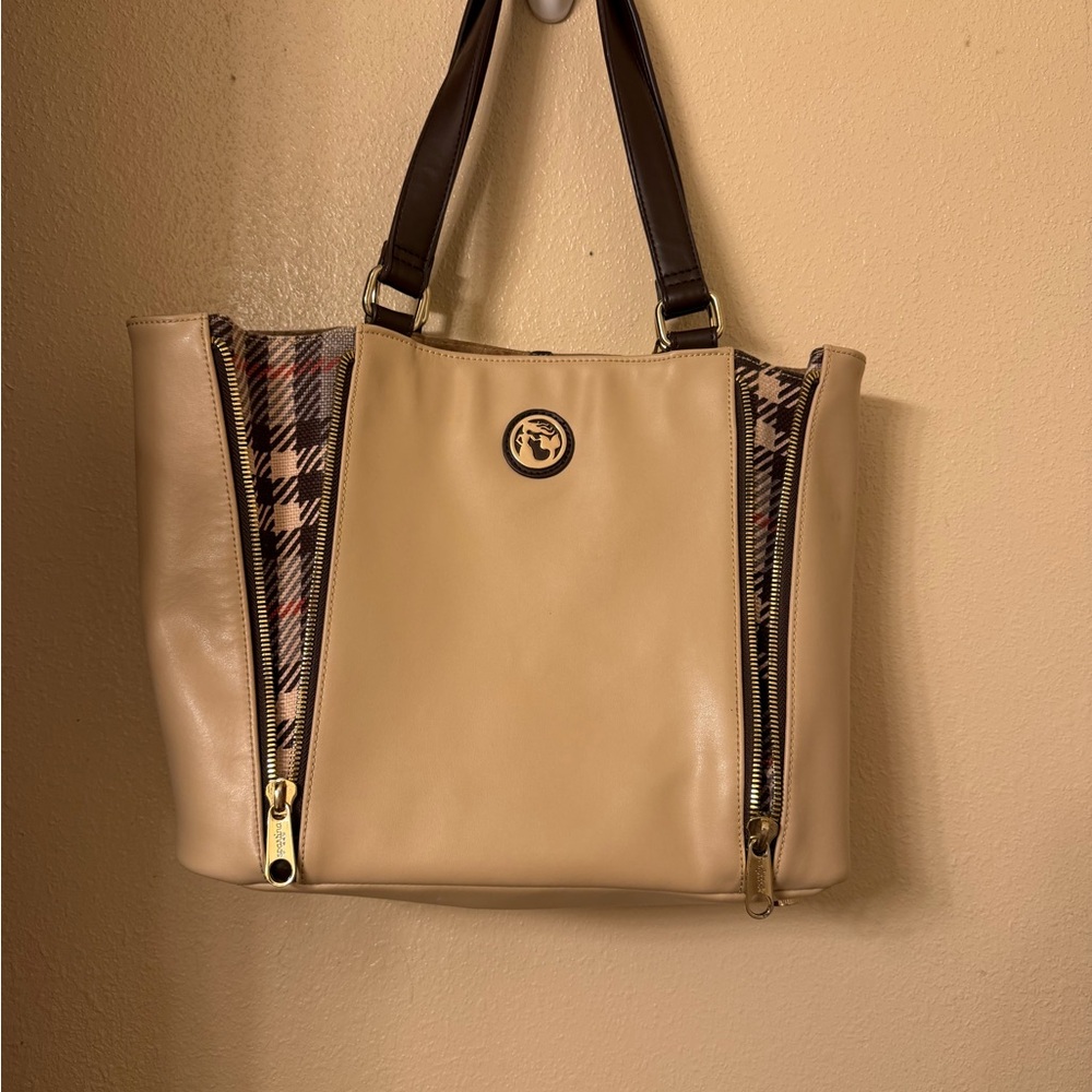 Spartina 449 Beige Charter Tote with Brown and Plaid Accents